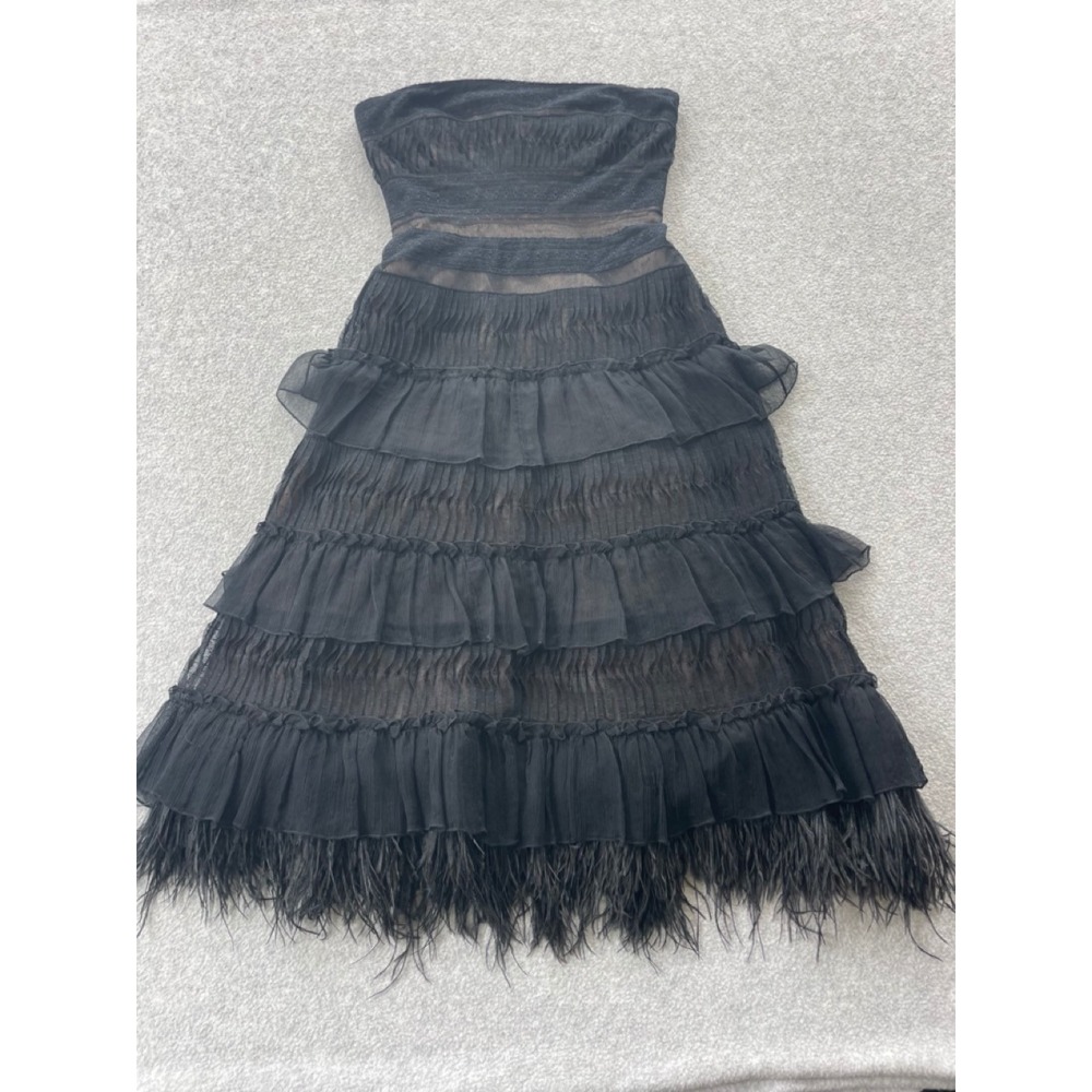 BCBGMAXAZRIA Black Strapless Tiered Ruffle Feather Hem Cocktail Dress Size 6